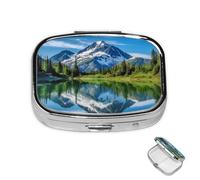 Pill Box 2 Compartment Mini Medicine Pill Case Mountain Reflection in Lake Pill Holder for Purse Pocket Waterproof Metal Pill Container Decorative Medicine Pill Organiser for Travel or Daily