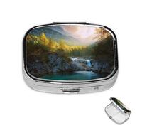 Pill Box 2 Compartment Mini Medicine Pill Case Nature Landscape Pill Holder for Purse Pocket Waterproof Metal Pill Container Decorative Medicine Pill Organiser for Travel or Daily