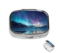 Pill Box 2 Compartment Mini Medicine Pill Case Northern Lights Pill Holder for Purse Pocket Waterproof Metal Pill Container Decorative Medicine Pill Organiser for Travel or Daily