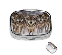 Pill Box 2 Compartment Mini Medicine Pill Case Pack of Wolves Pill Holder for Purse Pocket Waterproof Metal Pill Container Decorative Medicine Pill Organiser for Travel or Daily