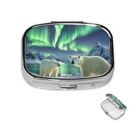 Pill Box 2 Compartment Mini Medicine Pill Case Polar Bears Northern Lights Pill Holder for Purse Pocket Waterproof Metal Pill Container Decorative Medicine Pill Organiser for Travel or Daily