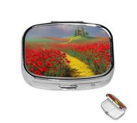 Pill Box 2 Compartment Mini Medicine Pill Case Poppies Field Yellow Brick Road Pill Holder for Purse Pocket Waterproof Metal Pill Container Decorative Medicine Pill Organiser for Travel or Daily