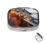Pill Box 2 Compartment Mini Medicine Pill Case Positano Seaside Sunset Pill Holder for Purse Pocket Waterproof Metal Pill Container Decorative Medicine Pill Organiser for Travel or Daily