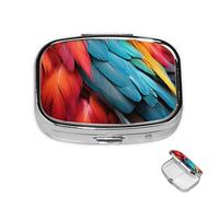 Pill Box 2 Compartment Mini Medicine Pill Case Red Blue Green Feathers Pill Holder for Purse Pocket Waterproof Metal Pill Container Decorative Medicine Pill Organiser for Travel or Daily
