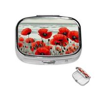 Pill Box 2 Compartment Mini Medicine Pill Case Red Poppy Flower Pill Holder for Purse Pocket Waterproof Metal Pill Container Decorative Medicine Pill Organiser for Travel or Daily