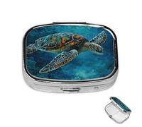 Pill Box 2 Compartment Mini Medicine Pill Case Sea Turtle Blue Pill Holder for Purse Pocket Waterproof Metal Pill Container Decorative Medicine Pill Organiser for Travel or Daily