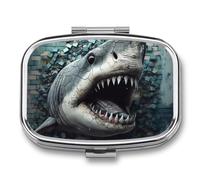 Pill Box 2 Compartment Mini Medicine Pill Case Shark Breaks Into Wall Pill Holder for Purse Pocket Waterproof Metal Pill Container Decorative Medicine Pill Organiser for Travel Or Daily