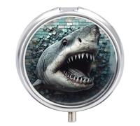 Pill Box 2 Compartment Mini Medicine Pill Case Shark Breaks Into Wall Pill Holder for Purse Pocket Waterproof Metal Pill Container Decorative Medicine Pill Organiser for Travel Or Daily