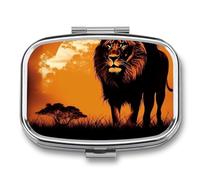 Pill Box 2 Compartment Mini Medicine Pill Case Silhouette Picture Lion Pill Holder for Purse Pocket Waterproof Metal Pill Container Decorative Medicine Pill Organiser for Travel Or Daily