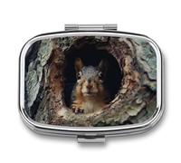 Pill Box 2 Compartment Mini Medicine Pill Case Squirrel in The Tree Hole Pill Holder for Purse Pocket Waterproof Metal Pill Container Decorative Medicine Pill Organiser for Travel Or Daily