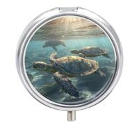 Pill Box 2 Compartment Mini Medicine Pill Case Sunny Sea Turtle Pill Holder for Purse Pocket Waterproof Metal Pill Container Decorative Medicine Pill Organiser for Travel Or Daily