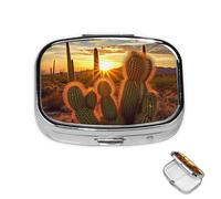 Pill Box 2 Compartment Mini Medicine Pill Case Sunset Cactus in Desert Pill Holder for Purse Pocket Waterproof Metal Pill Container Decorative Medicine Pill Organiser for Travel or Daily