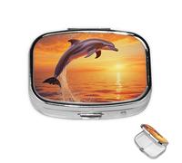 Pill Box 2 Compartment Mini Medicine Pill Case Sunset Dolphin Pill Holder for Purse Pocket Waterproof Metal Pill Container Decorative Medicine Pill Organiser for Travel or Daily