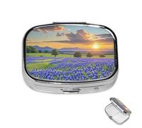 Pill Box 2 Compartment Mini Medicine Pill Case Texas Bluebonnets Scenery Pill Holder for Purse Pocket Waterproof Metal Pill Container Decorative Medicine Pill Organiser for Travel or Daily