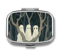 Pill Box 2 Compartment Mini Medicine Pill Case Three White Ghosts Pill Holder for Purse Pocket Waterproof Metal Pill Container Decorative Medicine Pill Organiser for Travel Or Daily