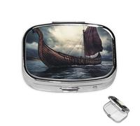 Pill Box 2 Compartment Mini Medicine Pill Case Vikings Boat Pill Holder for Purse Pocket Waterproof Metal Pill Container Decorative Medicine Pill Organiser for Travel or Daily