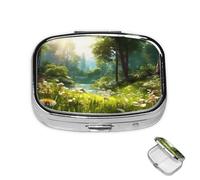 Pill Box 2 Compartment Mini Medicine Pill Case Woodland Land Flower Pill Holder for Purse Pocket Waterproof Metal Pill Container Decorative Medicine Pill Organiser for Travel or Daily