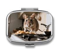 Pill Box 2 Compartment Mouse on The Stove Travel Pill Case with Mirror Waterproof Medicine Pills Organizer 2 Times A Day Portable Med Container for Purse & Pocket Rectangle Silver
