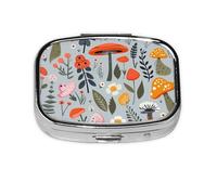 Pill Box 2 Compartment Mushroom Leaves Plants Flower Tablet Box with Mirror Small Pill Organiser for Purse or Pocket Vitamin Organiser