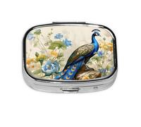 Pill Box 2 Compartment National Style Peacock Tablet Box with Mirror Small Pill Organiser for Purse or Pocket Vitamin Organiser