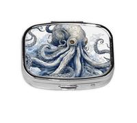 Pill Box 2 Compartment Ocean Octopus Monster Tablet Box with Mirror Small Pill Organiser for Purse or Pocket Vitamin Organiser