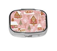 Pill Box 2 Compartment Pink Christmas Gingerbread House Tablet Box with Mirror Small Pill Organiser for Purse or Pocket Vitamin Organiser