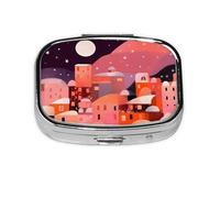Pill Box 2 Compartment Pink Geometric Architecture Tablet Box with Mirror Small Pill Organiser for Purse or Pocket Vitamin Organiser