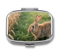 Pill Box 2 Compartment Rabbit Eating Grass Travel Pill Case with Mirror Waterproof Medicine Pills Organizer 2 Times A Day Portable Med Container for Purse & Pocket Rectangle Silver
