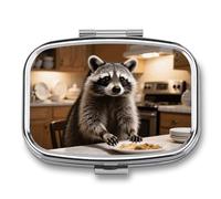 Pill Box 2 Compartment Raccoon Reaches for Food Travel Pill Case with Mirror Waterproof Medicine Pills Organizer 2 Times A Day Portable Med Container for Purse & Pocket Rectangle Silver