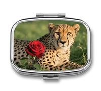 Pill Box 2 Compartment Red Rose Cheetah Travel Pill Case with Mirror Waterproof Medicine Pills Organizer 2 Times A Day Portable Med Container for Purse & Pocket Rectangle Silver