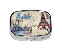 Pill Box 2 Compartment Retro Eiffel Tower London New York City Tablet Box with Mirror Small Pill Organiser for Purse or Pocket Vitamin Organiser