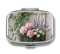 Pill Box 2 Compartment Sage Green Floral Travel Pill Case with Mirror Waterproof Medicine Pills Organizer 2 Times A Day Portable Med Container for Purse & Pocket Rectangle Silver
