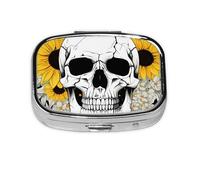 Pill Box 2 Compartment Skull Head Flower Sunflower Tablet Box with Mirror Small Pill Organiser for Purse or Pocket Vitamin Organiser