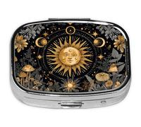 Pill Box-2 Compartment Small Flower Pill Case Square Organizer Case with Mirror Portable Metal Medicine Box Travel Container for Pocket & Purse Women Men(Sun and Moon)