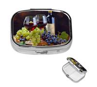 Pill Box 2 Compartment Small Pill Case for Purse & Pocket Art Red Wine Galsses & Grapes Pill Box Cute Vitamins Fish Oil Supplements Storage Box Portable Pill Containe Travel Gift