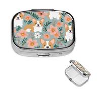 Pill Box 2 Compartment Small Pill Case for Purse & Pocket Corgi Floral Flowers Spring Garden Pill Box Cute Vitamins Fish Oil Supplements Storage Box Portable Pill Containe Travel Gift