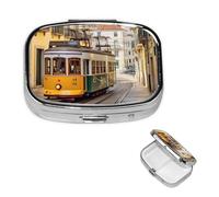 Pill Box 2 Compartment Small Pill Case for Purse & Pocket Lisbon Tram Pill Box Cute Vitamins Fish Oil Supplements Storage Box Portable Pill Containe Travel Gift