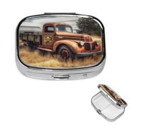 Pill Box 2 Compartment Small Pill Case for Purse & Pocket Old Truck Car Pill Box Cute Vitamins Fish Oil Supplements Storage Box Portable Pill Containe Travel Gift