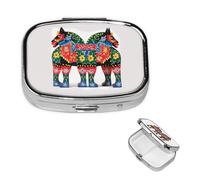 Pill Box 2 Compartment Small Pill Case for Purse & Pocket Runner Swedish Dala Horse Folk Pill Box Cute Vitamins Fish Oil Supplements Storage Box Portable Pill Containe Travel Gift