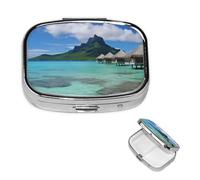 Pill Box 2 Compartment Small Pill Case for Purse & Pocket Tahiti Beach Pill Box Cute Vitamins Fish Oil Supplements Storage Box Portable Pill Containe Travel Gift