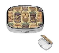 Pill Box 2 Compartment Small Pill Case for Purse & Pocket Vintage Aloha Tiki Pattern Pill Box Cute Vitamins Fish Oil Supplements Storage Box Portable Pill Containe Travel Gift