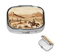 Pill Box 2 Compartment Small Pill Case for Purse & Pocket West Desert Cactus with Cowboys Riding Horses Pill Box Cute Vitamins Fish Oil Supplements Storage Box Portable Pill Containe Travel Gift
