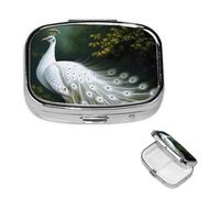 Pill Box 2 Compartment Small Pill Case for Purse & Pocket White Peacock Pill Box Cute Vitamins Fish Oil Supplements Storage Box Portable Pill Containe Travel Gift