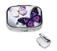 Pill Box 2 Compartment Small Pill Case for Purse & Pocket White Purple Butterflies Pill Box Cute Vitamins Fish Oil Supplements Storage Box Portable Pill Containe Travel Gift