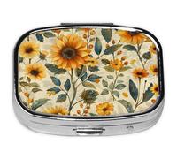Pill Box-2 Compartment Small Pill Case Square Organizer Case with Mirror Portable Metal Medicine Box Travel Container for Pocket & Purse Women Men（Vintage Sunflower）