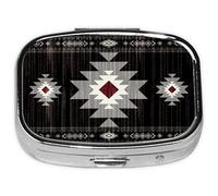 Pill Box-2 Compartment Small Pill Case Square Organizer Case with Mirror Portable Metal Medicine Box Travel Container for Pocket & Purse Women Men(Black Southwestern)