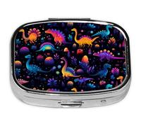 Pill Box-2 Compartment Small Pill Case Square Organizer Case with Mirror Portable Metal Medicine Box Travel Container for Pocket & Purse Women Men(Colorful Dinosaur)