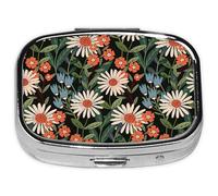 Pill Box-2 Compartment Small Pill Case Square Organizer Case with Mirror Portable Metal Medicine Box Travel Container for Pocket & Purse Women Men(Wildflower and Botanical)