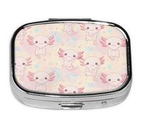 Pill Box-2 Compartment Small Pill Case Square Organizer Case with Mirror Portable Metal Medicine Box Travel Container for Pocket & Purse Women Men（Cute Axolotl）