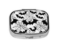 Pill Box 2 Compartment Spider Web Bat Halloween Tablet Box with Mirror Small Pill Organiser for Purse or Pocket Vitamin Organiser